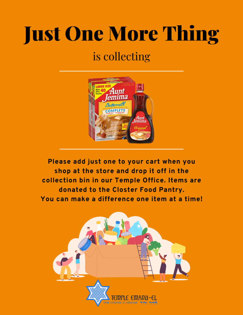		                                		                                <span class="slider_title">
		                                    This month we are collecting: Pancake Mix & Syrup		                                </span>
		                                		                                
		                                		                            	                            	
		                            <span class="slider_description">JOMT is designed to address and combat food insufficiency right here in our community.

Please add just one to your cart when you shop at the store and drop it off in the collection bin in our Temple Office. Items are donated to the Closter Food Pantry.

You can make a difference one item at a time!</span>
		                            		                            		                            