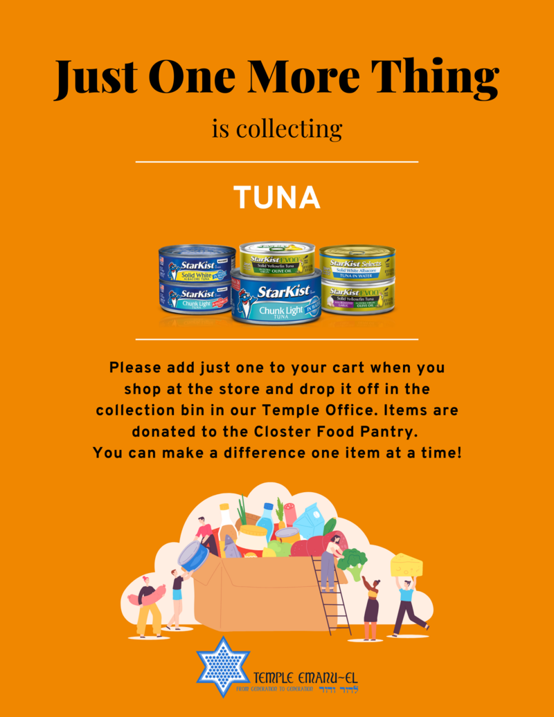 		                                		                                <span class="slider_title">
		                                    This month we are collecting: Tuna		                                </span>
		                                		                                
		                                		                            	                            	
		                            <span class="slider_description">JOMT is designed to address and combat food insufficiency right here in our community.

Please add just one to your cart when you shop at the store and drop it off in the collection bin in our Temple Office. Items are donated to the Closter Food Pantry.

You can make a difference one item at a time!</span>
		                            		                            		                            